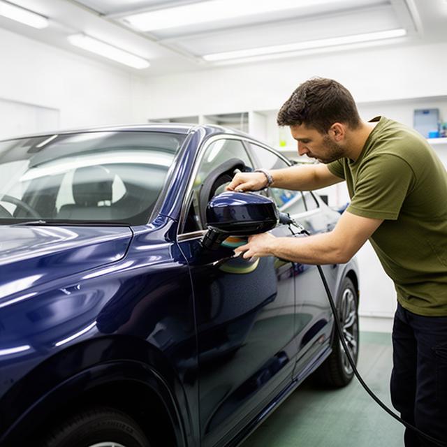 Detailer polishing a dark blue car inside a bright Croydon workshop with professional lighting