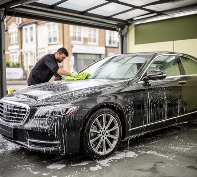 Glossy dark car receiving a careful exterior maintenance wash beside a Croydon detailing bay