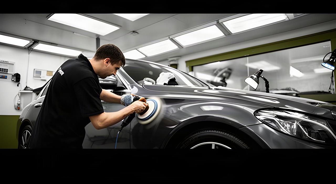 Detailer polishing a dark car inside a Croydon workshop with bright inspection lights