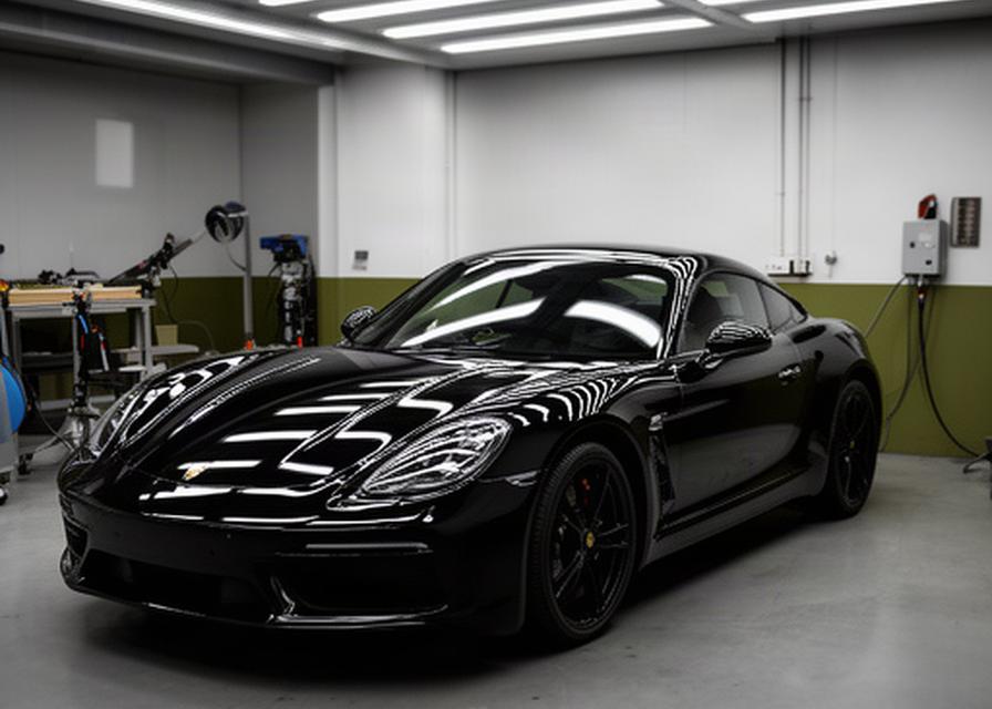 Black Porsche in a Croydon workshop with ceramic coating reflecting overhead lights
