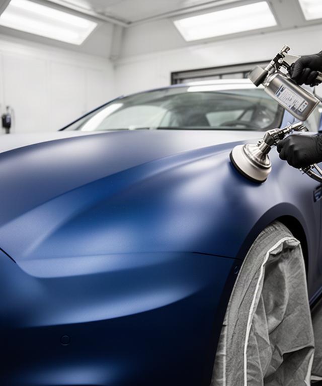 Matte blue BMW M car receiving paint-safe ceramic protection in a detailing bay