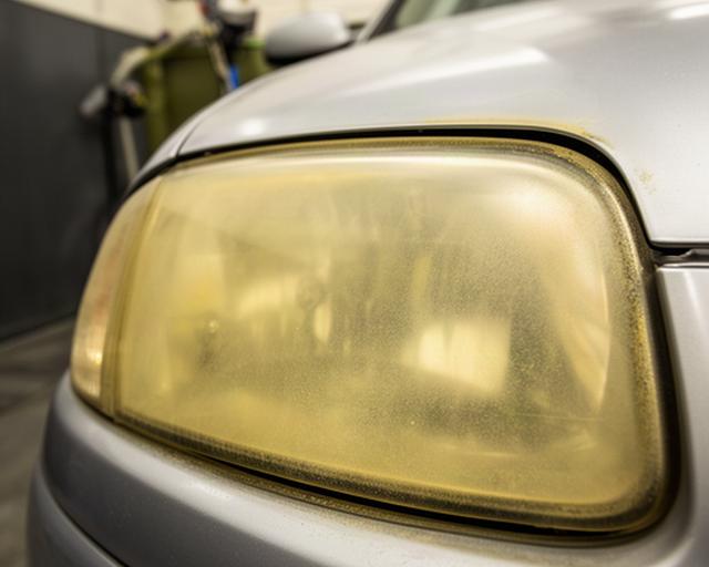 Cloudy oxidised car headlight before wet sanding and polishing in a South London detailing bay