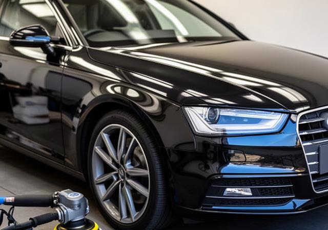 Black Audi A4 with sharp reflections after swirl-mark paint correction