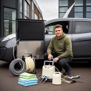 Ajaykumar Girdhar preparing a mobile detailing unit outside a South London workplace