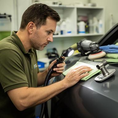 Kordo Begg inspecting vehicle paint in a Croydon detailing bay
