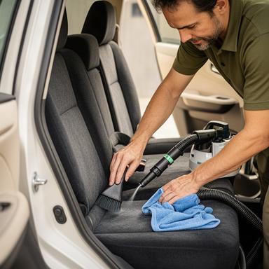 Lizii Chaudrey cleaning a vehicle cabin with professional interior tools
