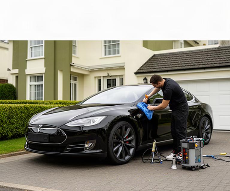 Glossy black car receiving professional detailing beside a London home