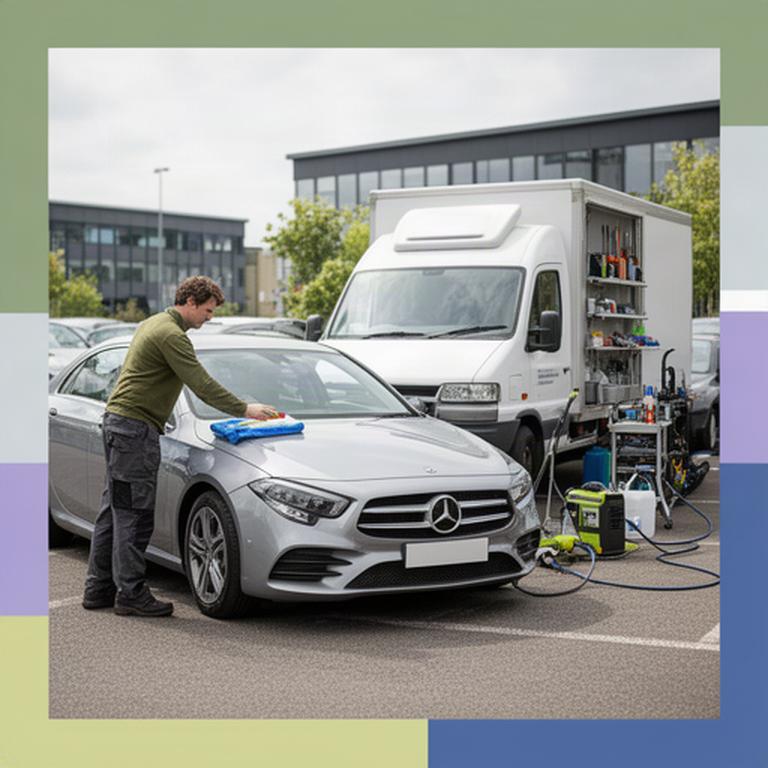 Detailer cleaning a silver car beside a fully equipped mobile detailing van in a Croydon office car park