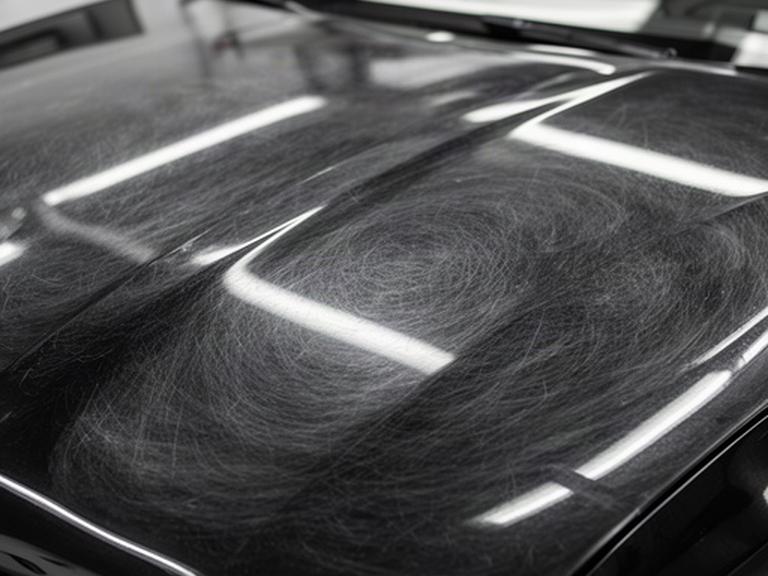 Black performance car bonnet showing swirl marks under workshop lighting