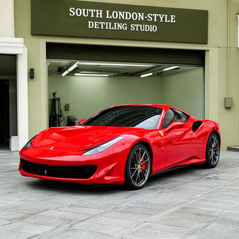 Red Ferrari with deep reflective paint outside a South London detailing studio