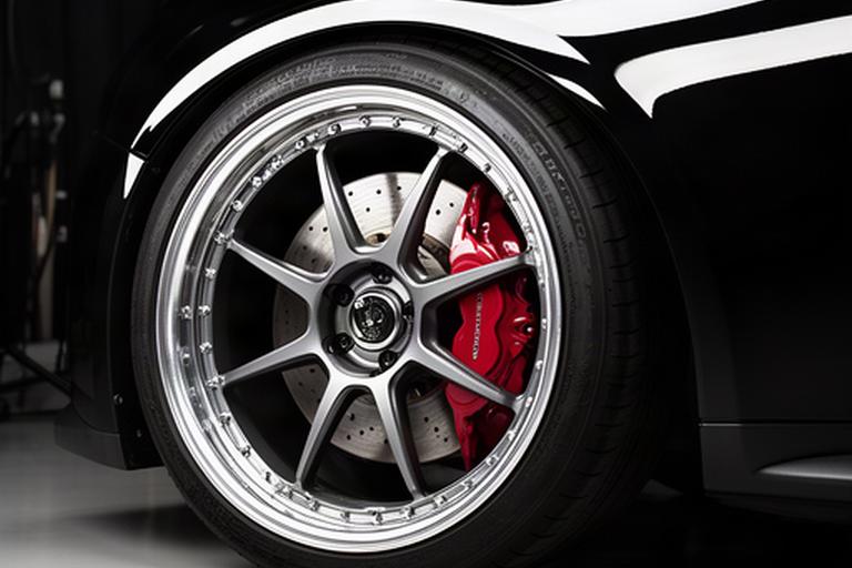 Performance car wheel and caliper cleaned against glossy black bodywork